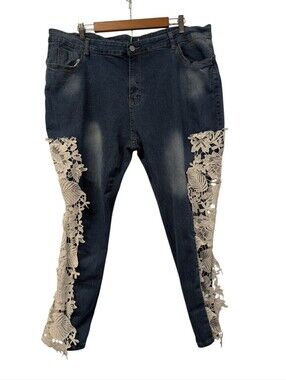 5XL Plus Size Blue Denim Jeans White Floral Lace Side Panels Inserts Skinny Fit